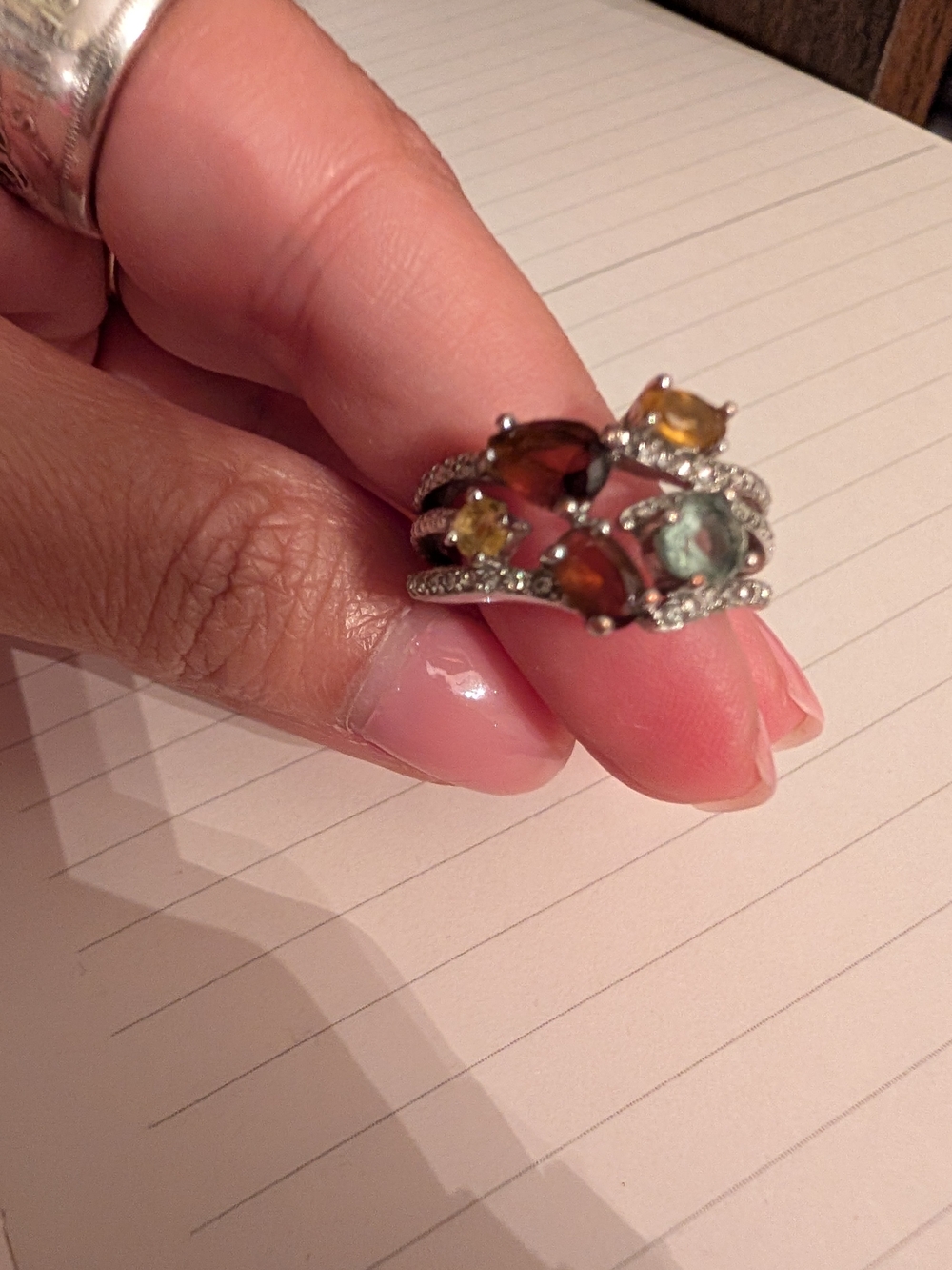 Nvc Multistone Silver-Tone Cocktail Ring with Green, Amber and Yellow Stones